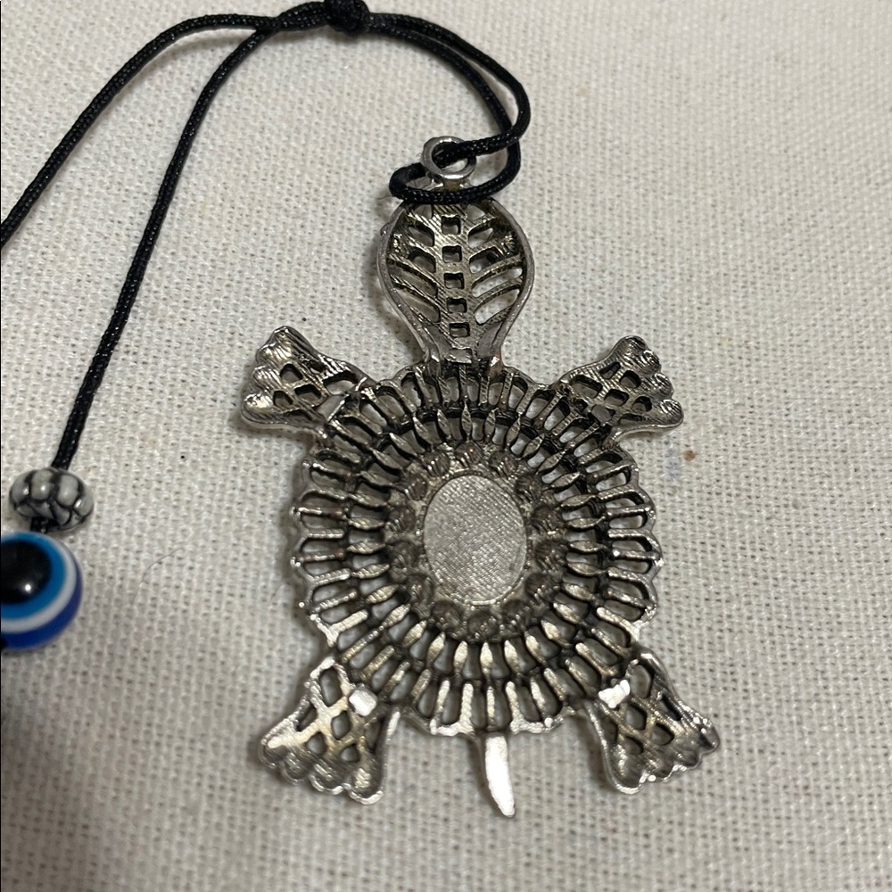 Silver Turtle Evil Eye Pendant Necklace - Blue Accent - Picture 5 of 6
